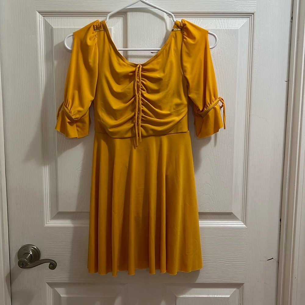 Yellow Ruched Dress with Puff Sleeves